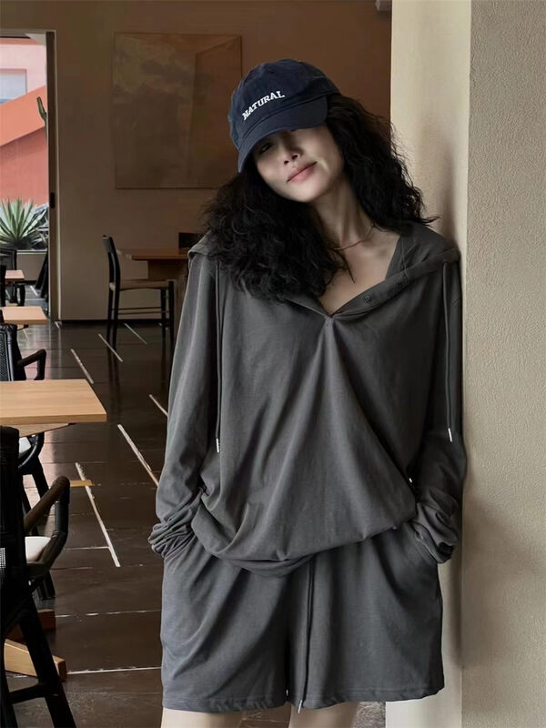 [cauliflower home] hooded Pullover + elastic waist drawstring casual Shorts Set 89183# ll