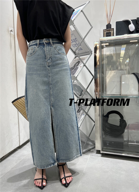 [t-platform] Korean style personalized color blocking slit denim skirt 8581# cqw