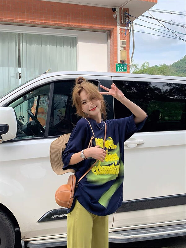 [lab eeda] casual loose letter embroidered short sleeve T-shirt t8011# ozq