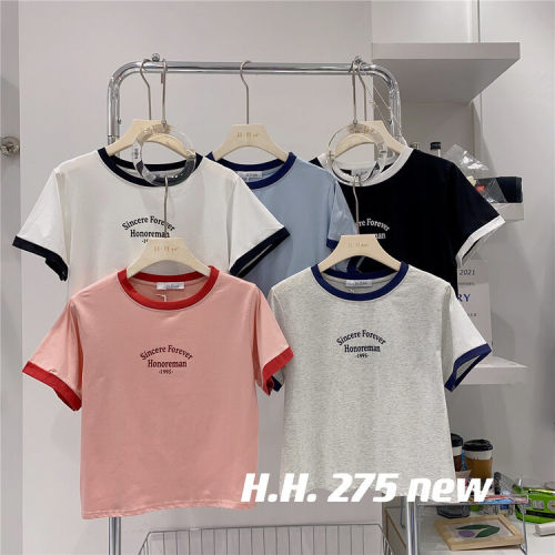  Korean short letter color contrast edge short sleeve T-shirt 275 × L