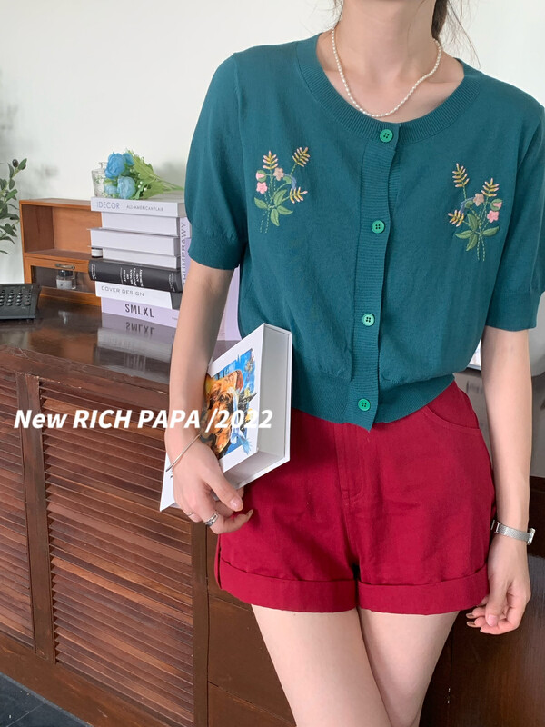 Original price 66.55! [rich Papa] simple embroidery, breathable, versatile temperament knitted cardigan s064\zxx