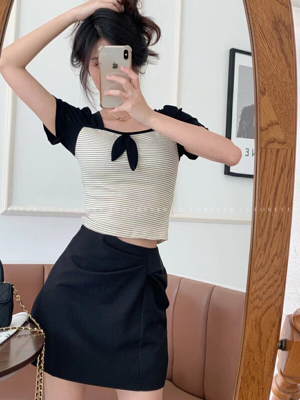 [forever23] spice girl pure color contrast striped shirt a2107# hjy