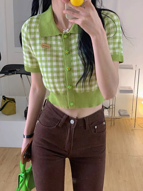 [lab eeda] green plaid Flower Button short sweater 3227# ozq