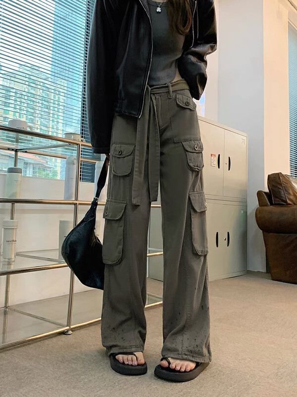 [lab eeda] military green large pocket work clothes high waist straight tube wide leg casual pants (with waist rope) 3224# ozq