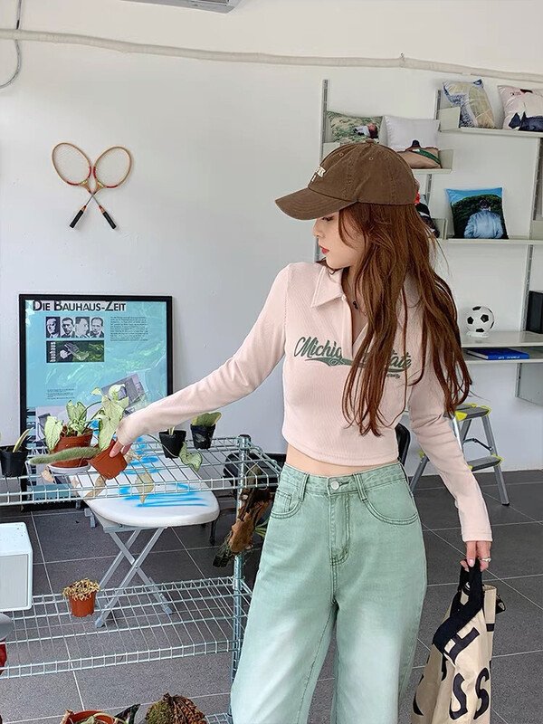 [lab eeda] American retro letter Lapel long sleeve T-shirt 3214# ozq