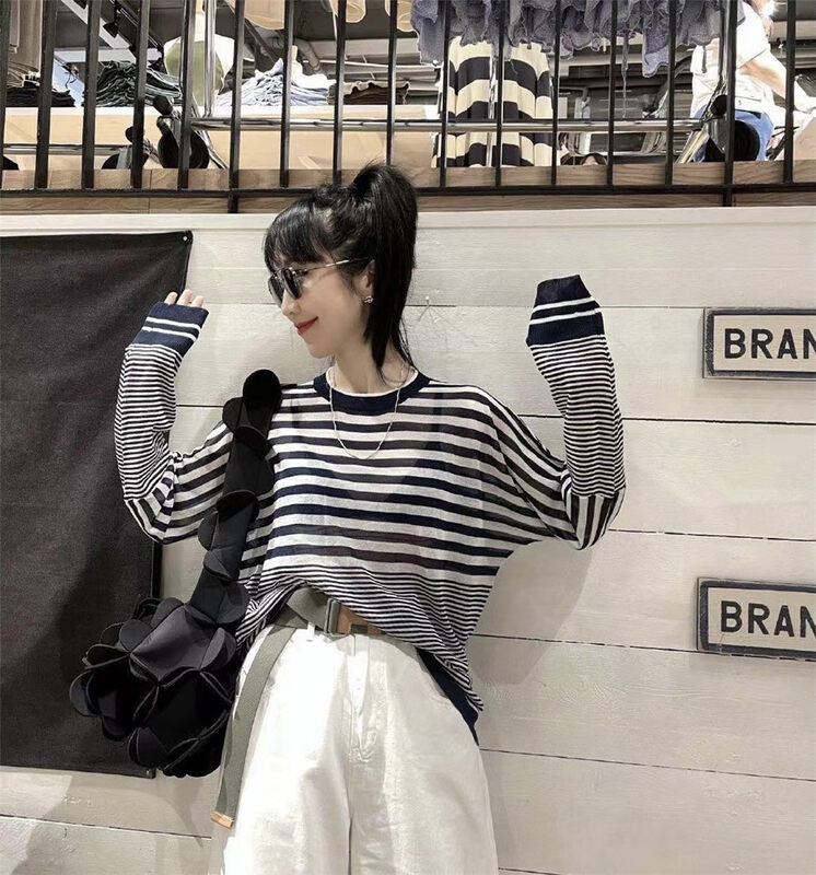 [td] casual loose striped sunscreen shirt 2147-1# XJ