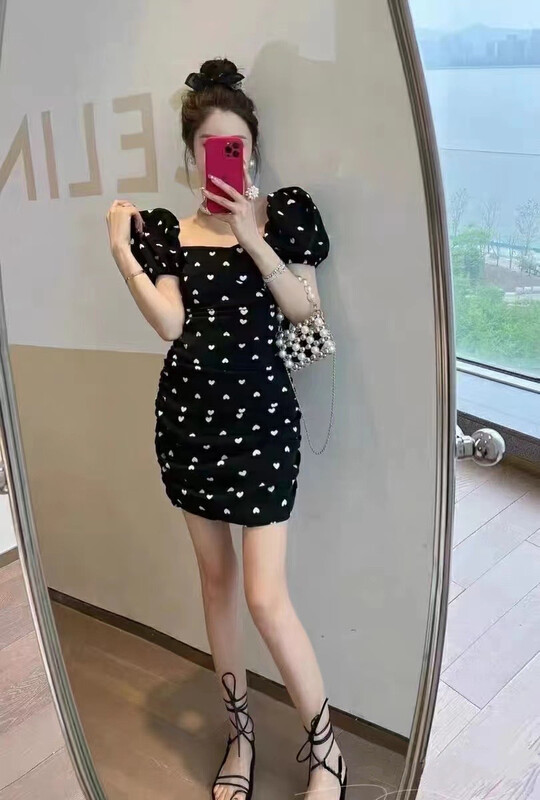 [millet +] chic square neck bubble sleeve polka dot dress 010\wpl