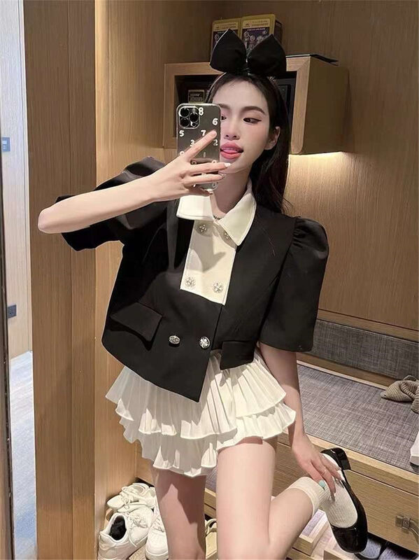 [Linna] simple color matching blouse + slim solid pleated skirt set 124701# JJ