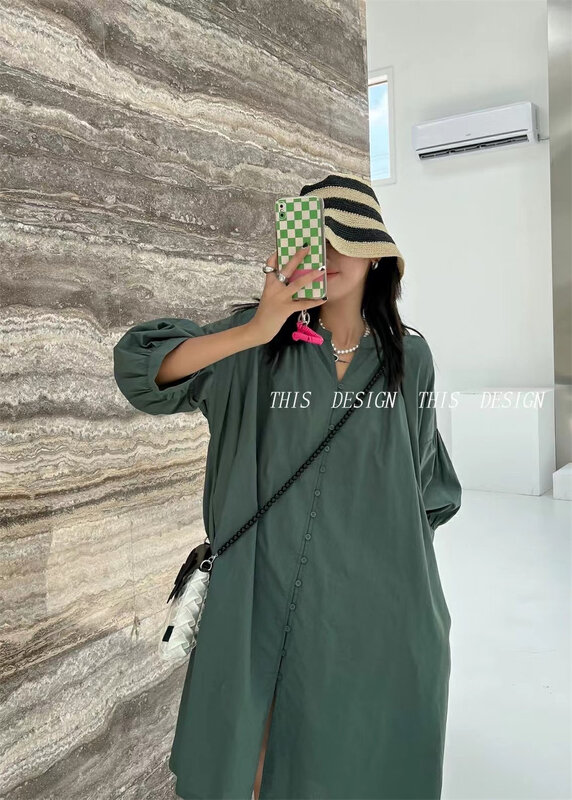 [this] simple casual bubble sleeve loose dress r1129-1# CSX