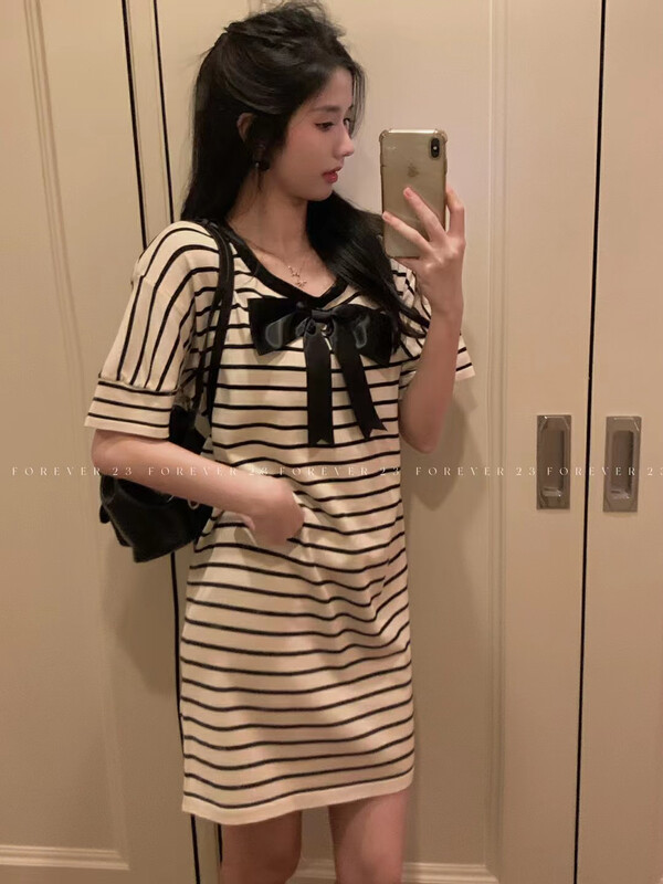 [forever23] advanced striped ice silk dress (with Brooch) a1117# hjy
