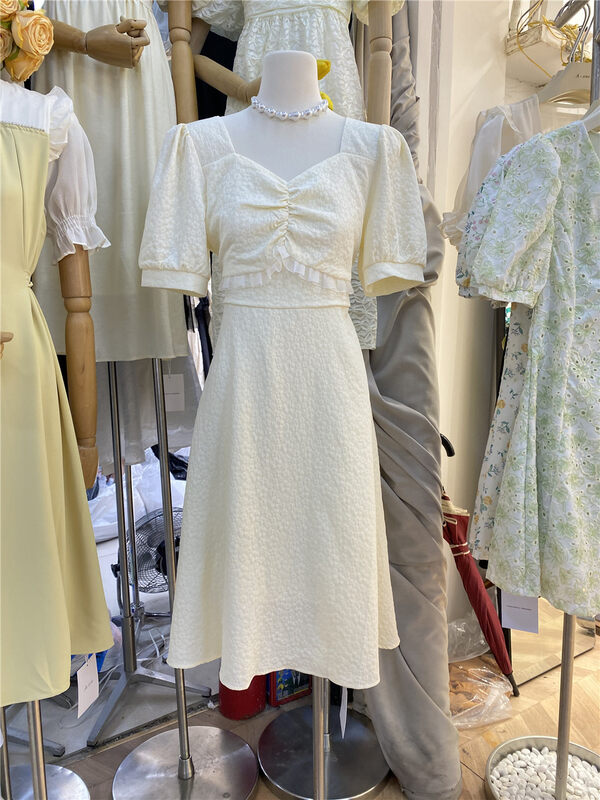 [A-One] lady's bubble sleeve waist square neck dress 5691# hjy
