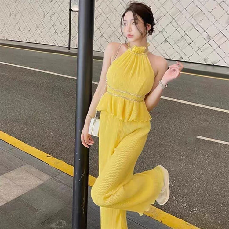 [Linna] simple solid color Vest + loose comfortable casual pants set 124705 \jj