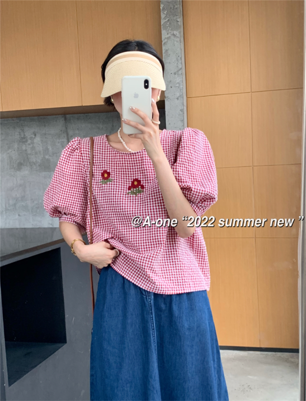 [A-One] Korean embroidered round neck plaid shirt (only selling tops) 5635# hjy