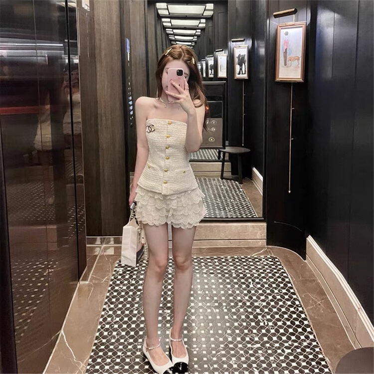 [Linna] small fragrant style button up shirt + versatile slim casual Shorts Set (without Brooch) 124695\jj