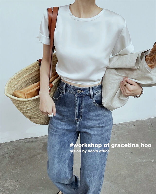 Original price 55.27! [Linna] round neck, clean color, lace up hem, small shirt 6900# JJ