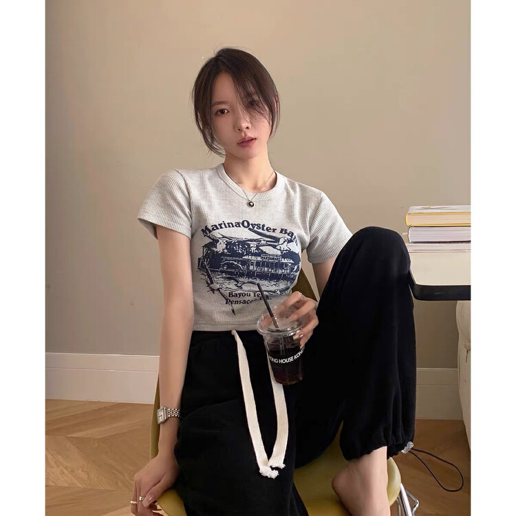 [lab eeda] American retro tight high waist short navel exposed design grey printed short sleeve T-shirt 3230# ozq