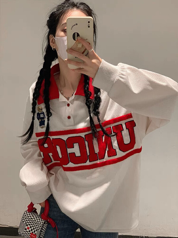 [lab eeda] design sense towel embroidered Lapel bear loose Korean thin long sleeve T-shirt 3232# ozq
