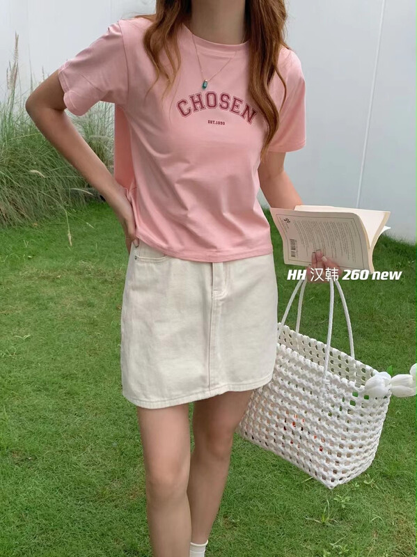 [HH &miss Lai] Korean simple round neck letter short comfortable loose short sleeve T-shirt 260# L