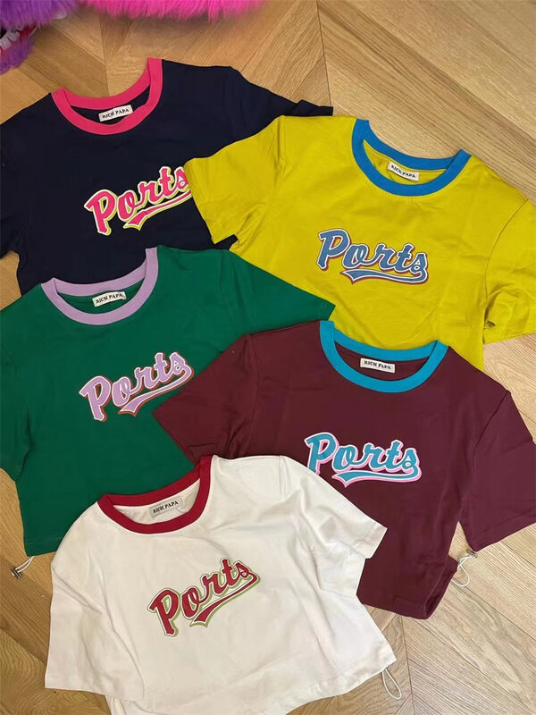 Original price 50.76! [rich Papa] simple slim fit short navel exposed letter short sleeve T-shirt t326# zxx