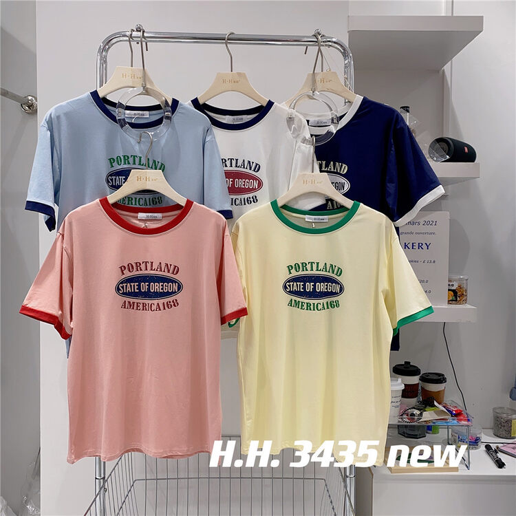 [HH &miss Lai] round neck letter color blocking printed short sleeve T-shirt (T-shirt only) 3435# L