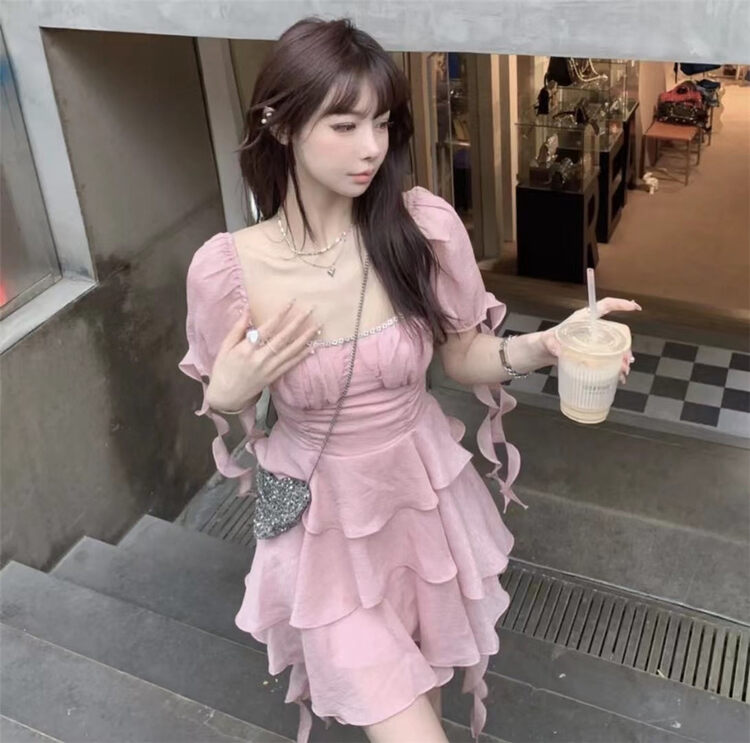 [Linna] pure desire square neck comfortable solid color dress 1565# JJ