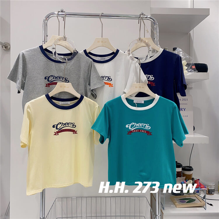 [HH &miss Lai] round neck letter color blocking comfortable short sleeve T-shirt 273 × L
