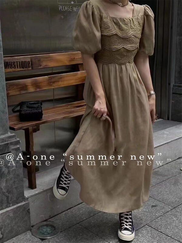 [A-One] Han Shu stitched lace bubble sleeve square neck dress 5689# hjy