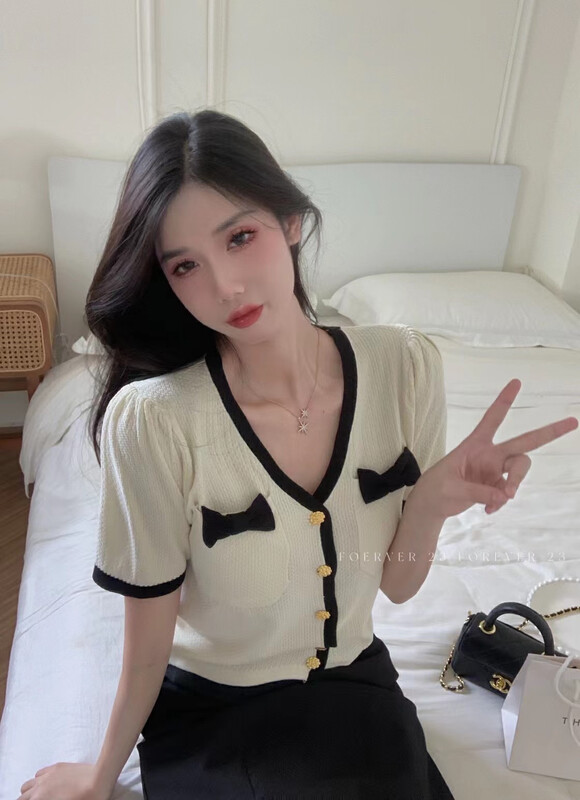 [forever23] small fragrance versatile color contrast short sleeved sweater a1123# hjy