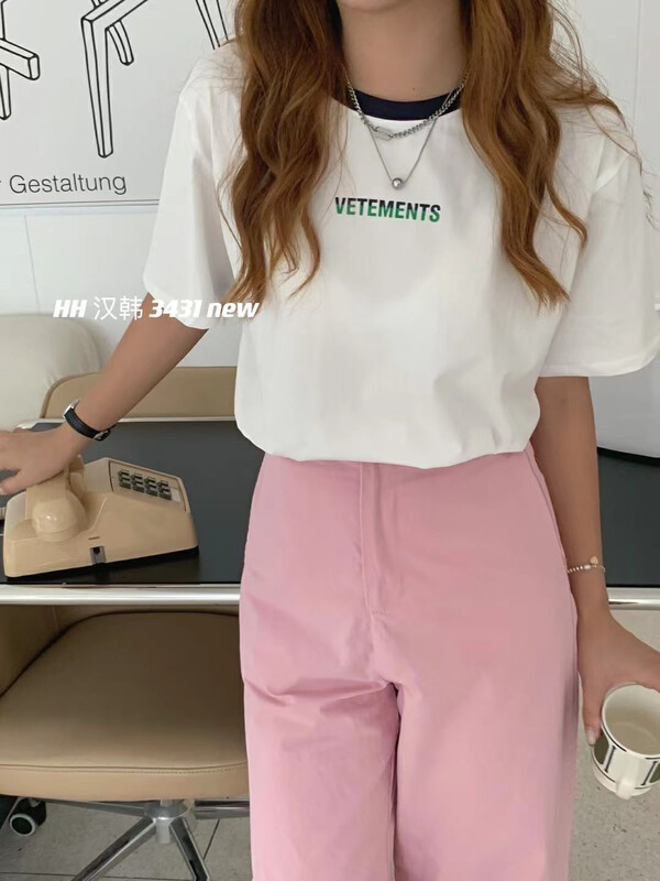 [HH &miss Lai] letter round neck color matching comfortable short sleeve T-shirt 3431# L