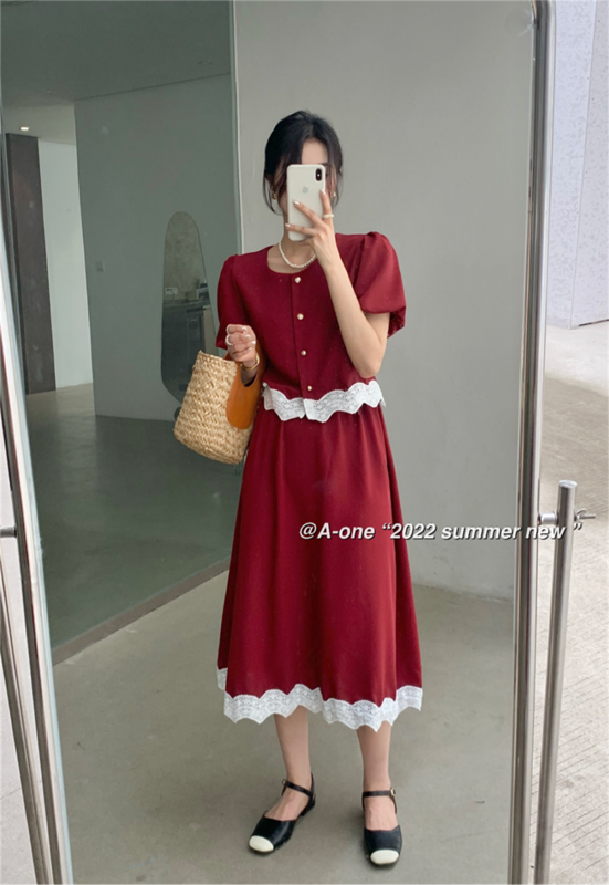 [A-One] Han Shu elegant single breasted short sleeved shirt +a-line length skirt set 5628# hjy