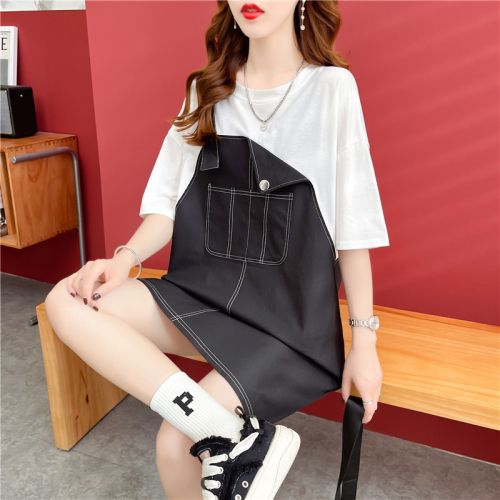 Real shooting of fried street summer design fake two piece strap large female short sleeve Korean version lazy wind loose stripe