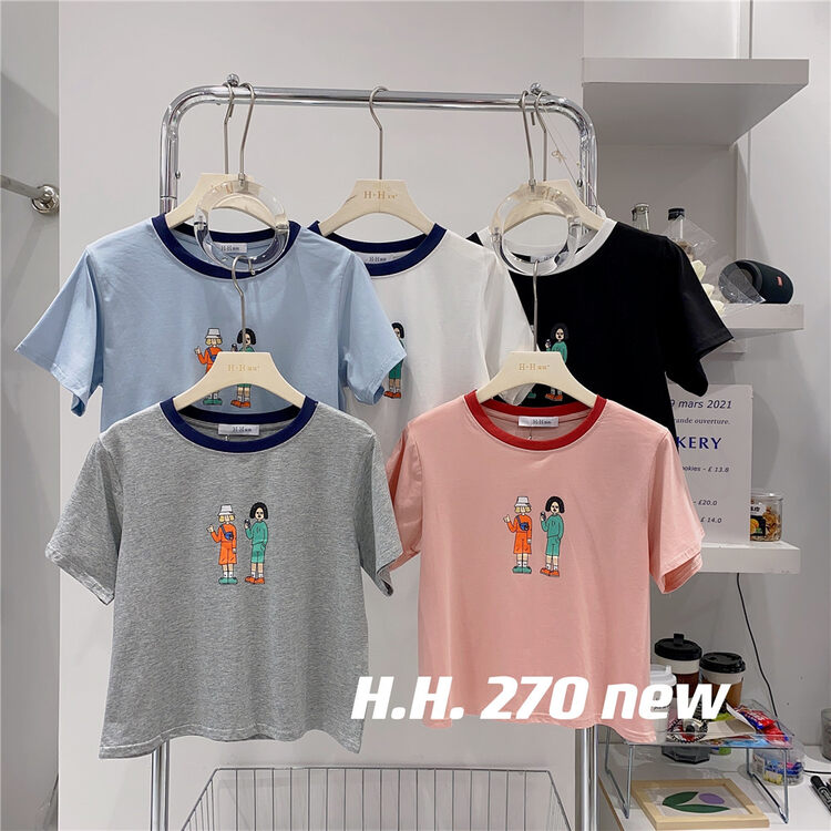 [HH &miss Lai] round neck color matching comfortable short sleeve T-shirt 270# L