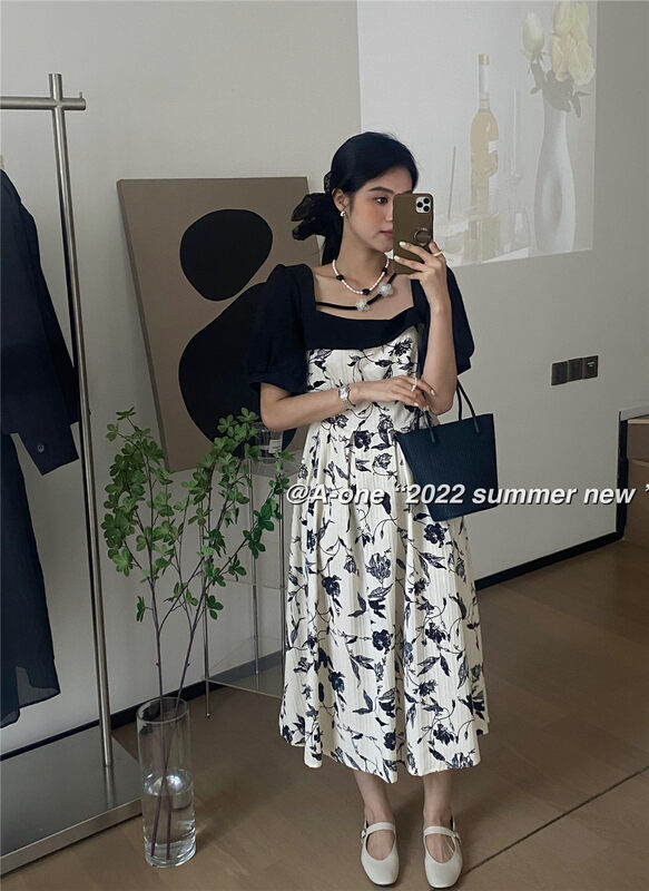 [A-One] temperament square neck retro flower dress 22206\hjy