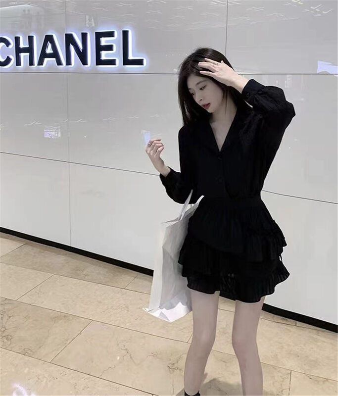 [Linna] casual button up solid color shirt + slim solid color skirt set 124707 \jj