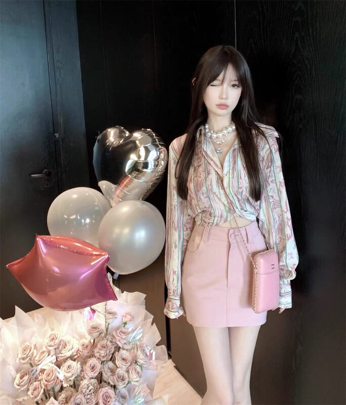 [Linna] casual button up color matching shirt + Korean slim solid skirt set 124696 \jj