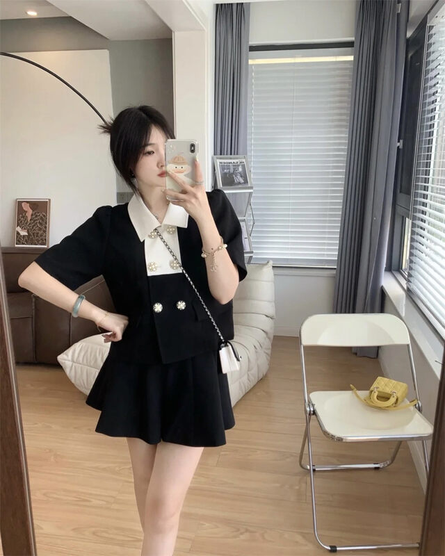 [Linna] casual double breasted color matching short coat + slim pleated skirt set 1566# JJ