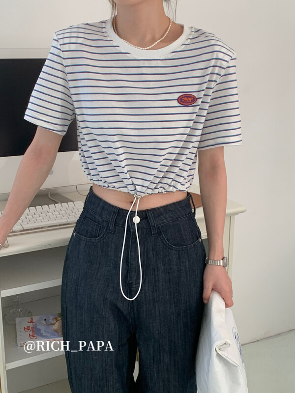 Original price 55.27! [rich Papa] casual label stripe short sleeved T-shirt t323# zxx