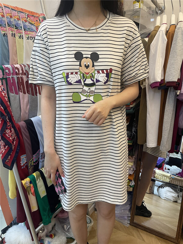[rich Papa] casual simple loose striped cartoon short sleeved T-shirt dress l042# zxx