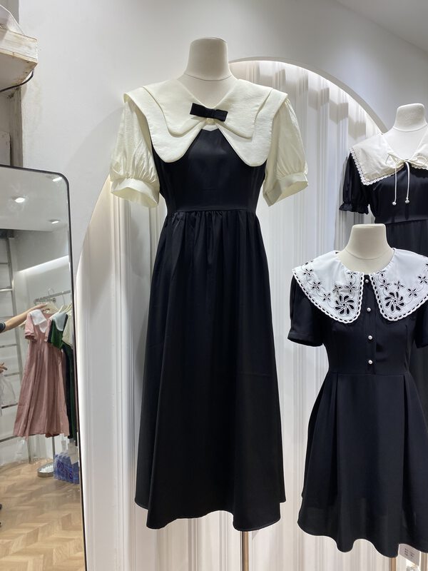 [A-One] temperament lady aging contrast color double-layer doll neck dress 22211# hjy