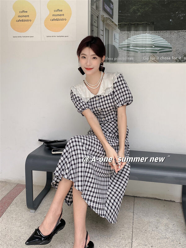 [A-One] Vintage Plaid patchwork Ruffle waist dress 22197 \hjy