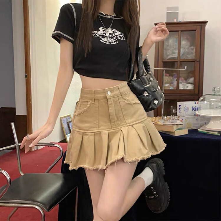 [good] high waist elastic pleated raw denim skirt 7932# JJ