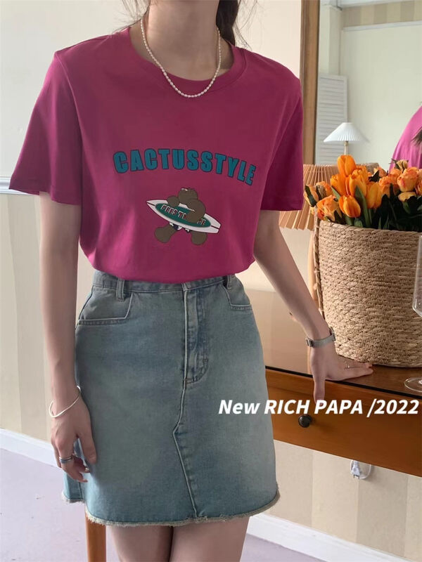 [rich Papa] round neck bear surfing cartoon fashion short sleeve T-shirt t349# CLS