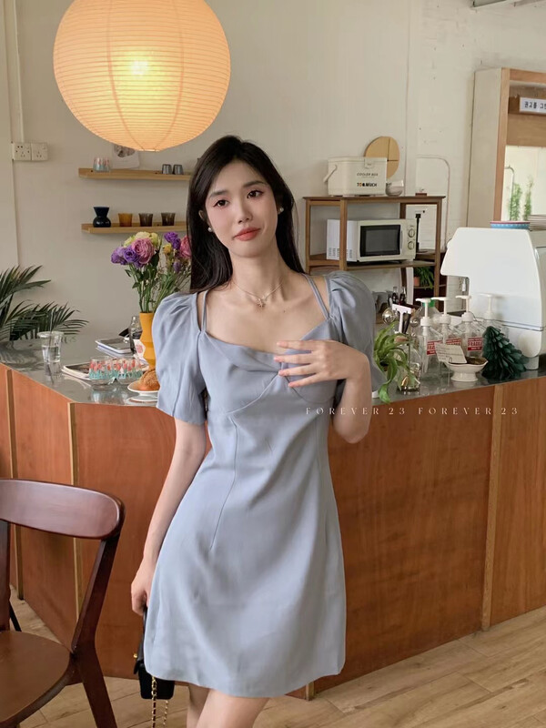 [forever23] temperament square neck bubble sleeve dress a858 \hjy