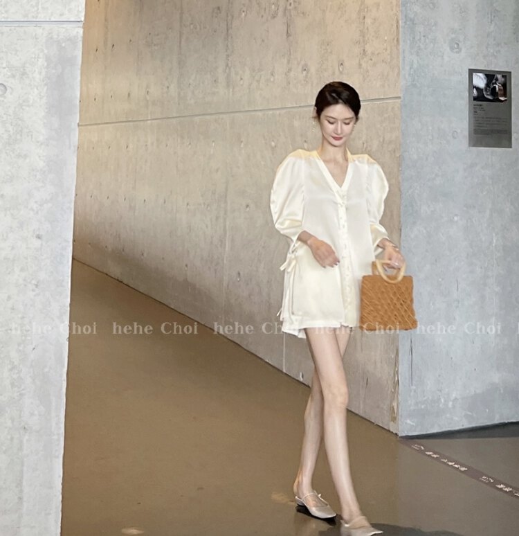 [Linna] casual button up shirt + versatile comfortable casual Shorts Set 124702 \jj