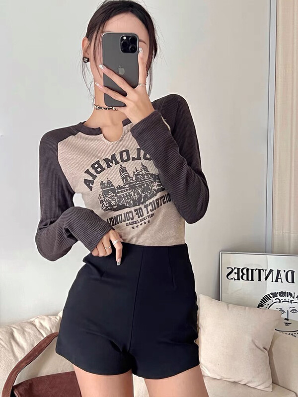 [lab eeda] Spice Girl Style American retro letters tight short navel exposed long sleeve T-shirt 3225 \ozq