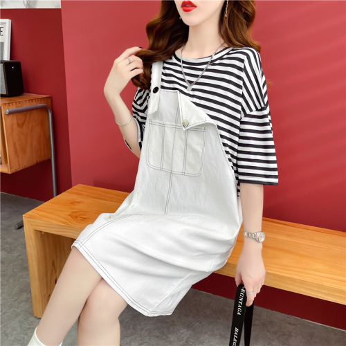 Real shooting of fried street summer design fake two piece strap large female short sleeve Korean version lazy wind loose stripe