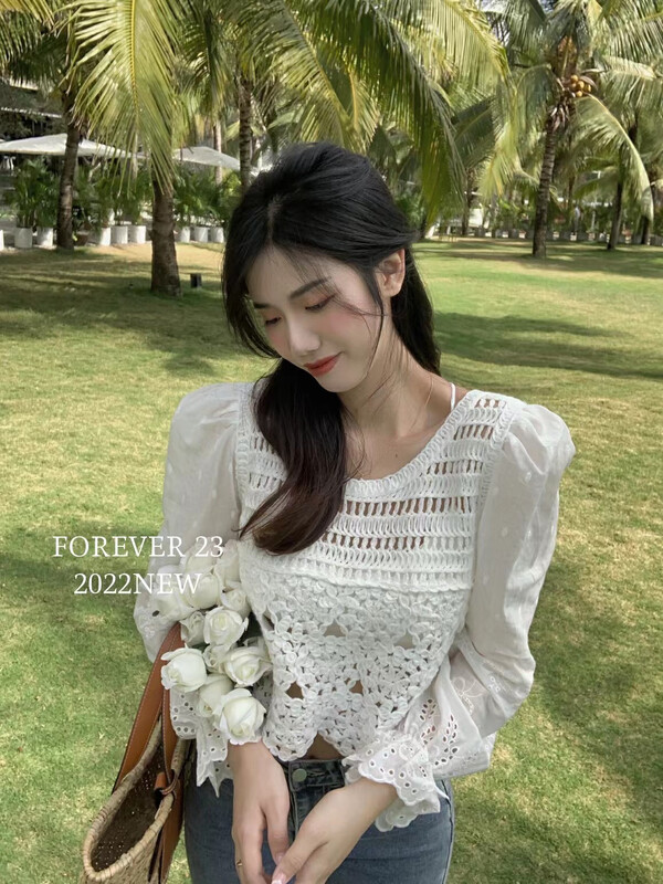 New year in early spring! [forever23] Korean little sister bubble sleeve Crochet top small shirt b1846# hjy