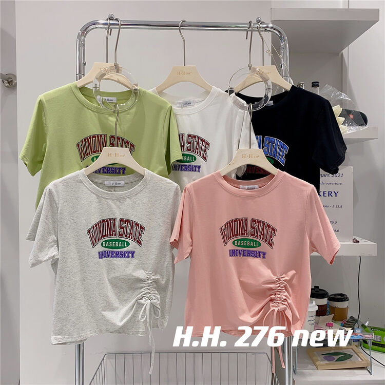 [HH &miss Lai] round neck drawstring pattern printed short sleeve T-shirt (T-shirt only) 276# L