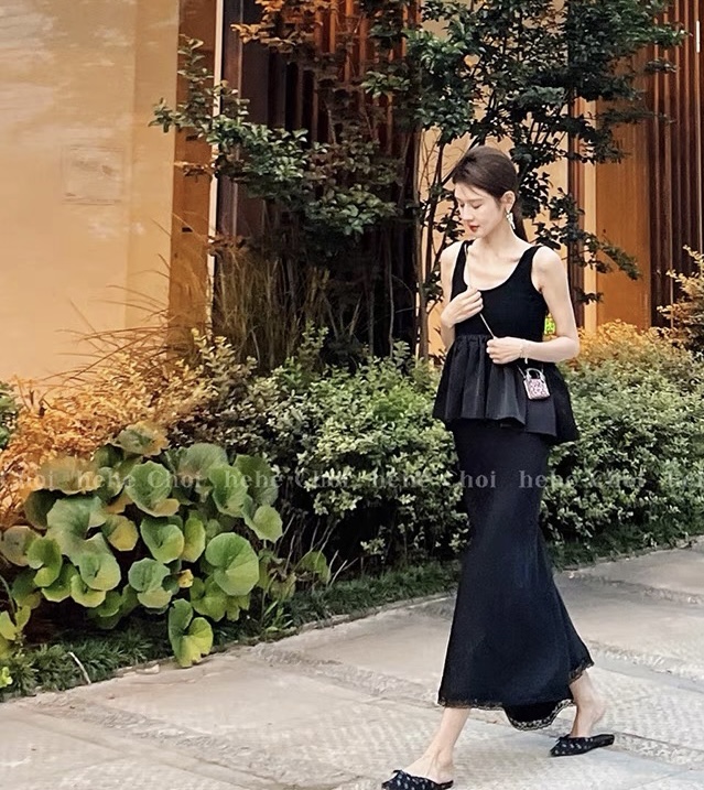 [Linna] simple solid color Vest + slim comfortable skirt set 124704# JJ