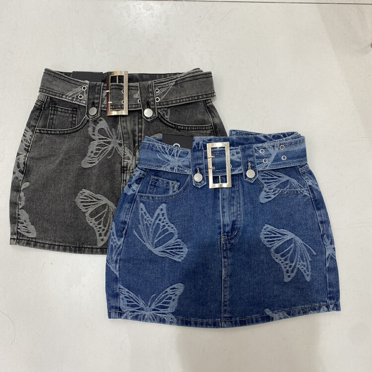 [good] Korean butterfly print denim skirt (with belt) 7930# JJ